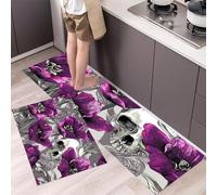Skull And Tulips Kitchen Rugs Non Skid Washable Mats Set of 2 PCS, Gothic Art Absorbent Runner Rugs for Kitchen, Front of Sink,Sink Laundry, 40x60cm+40x120cm Purple