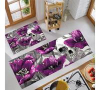 Skull And Tulips Kitchen Rugs Non Skid Washable Mats Set of 2 PCS, Retro Gothic Art Absorbent Runner Rugs for Kitchen, Front of Sink,Sink Laundry, 40x60cm+40x120cm Purple