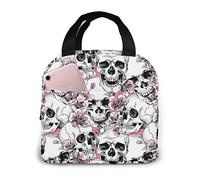 Skull And With Flowers Pink Cherry Lunch Bag Insulated Lunch Box Leakproof Cooler Cooling Tote With Front Pocket For Men Women