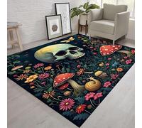 Skull Area Rug, 180x230cm, Gothic Mushroom Floral Insect Plant Abstract Art Rug, Machine Washable Living Room Rugs, Butterfly Snail Pattern Non-Slip Indoor Low Pile Rugs for Bedroom Kitchen Bathroom