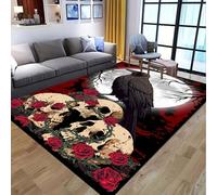 Skull Area Rug, 80x150cm, Modern Gothic Horror Moonlit Crow Halloween Rug Mat, Soft Non-Slip Washable Large Rugs, Rose and Thorn Skeleton Print Carpet for Living Room, Bedroom Bedside
