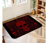 Skull Area Rug, Gothic Dark Rose Floral Halloween Red Non-Slip Doormat Rectangle Print Accents Rug Bathroom Doorway Entryway Bedside Decor 2' X 3'