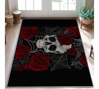 Skull Area Rug, Gothic Dark Roses Web Halloween Black Low Pile Doormat Throw Rug Edge Binding Entryway Bathroom Laundry Room Bedside Decor 3' X 5'
