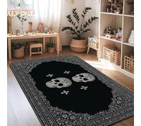 Skull Area Rug, Gothic Fleur-De-Lis Floral Halloween Black Non-Slip Rectangle Floor Carpets Edge Binding Rugs for Living Room Bedroom Under Table Dining Decor 4' X 6'