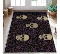 Skull Area Rug, Halloween Gothic Floral Swirl Halloween Black Low Pile Doormat Rectangle Print Accents Rug Entryway Bathroom Kitchen Doorway Decor 3' x 5'