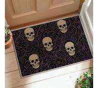 Skull Area Rug, Halloween Gothic Floral Swirl Halloween Black Low Pile Doormat Rectangle Print Accents Rug Entryway Bathroom Laundry Room Bedside Decor 2' x 3'