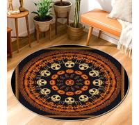 Skull Area Rug, Halloween Gothic Pumpkin Spider Halloween Orange Low Pile Round Doormat Throw Rug Edge Binding Entryway Bathroom Kitchen Doorway Decor 3' X 3'