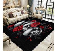 Skull Area Rugs for Living Room 100x150 - Red Rose Skeleton Gothic Rug for Bedroom, Romantic Goth Non Slip Washable Short Pile Carpet
