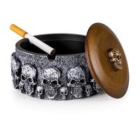 Skull Ashtray with Lid for Cigarettes Natural Resin Ash Tray for Indoor or Outdoor Use Cool Ashtrays and Halloween Decorations for Home and Garden Decor (Black)