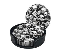 Skull Background Print Coasters For Drinks With Holder Set Of 6, Pu Leather Coasters Drink Coasters Cup Pad Mats