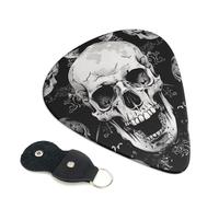 skull background Printed Guitar Picks, 6 Pack with Leather Keychain Pick Holder - 0.46mm, 0.71mm, 0.96mm Assorted Thickness for Acoustic Ukulele, Electric Guitar, Acoustic Guitar, Bass