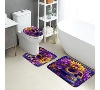 Skull Bathroom Mat Sets 3 Piece, Colorful Floral Absorbent Non Slip Toilet Rugs U Shaped Washable, Day of The Dead Quick Dry Memory Foam Bathroom Rug Set