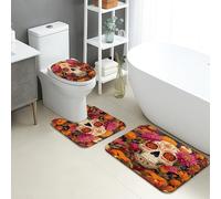 Skull Bathroom Mat Sets 3 Piece, Colorful Floral Absorbent Non Slip Toilet Rugs U Shaped Washable, Day of The Dead Quick Dry Memory Foam Bathroom Rug Set