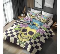 Skull Bedding Single Duvet Cover Sets, Rose Gingham Floral Skeleton Quilt Cover 2 Piece, Skull Room Decor Bedding Set&Gift Super Soft Microfibre With 1 Pillowcase, No Comforter