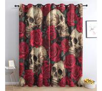 Skull Blackout Curtains for Bedroom - Gothic Red Rose Floral Goth Skeleton Living Room Curtains 66x72 Eyelet - Soft Thermal Insulated Patterned Drapes for Windows - 2 Panels