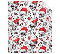 Skull Blanket and Throws, Spooky Skull Wearing Christmas Hat with Red Candy Cane Snow Blanket Soft Fluffy for Home Bed Sofa Couch Dorm Office Medium 60 x 50 inch Teens Size