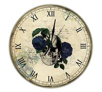 Skull Blue Roses Floral Wall Clock Sugar Skull Hanging Wood Wall Clocks Non-Ticking Battery Operated 12 inch Abstract Farmhouse Wall Clock Decoration For Home Living Room Bathroom Kitchen Bedroom