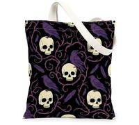 Skull Canvas Tote Bag for Women, Gothic Dark Raven Feather Halloween Black Washable Reusable Small Tote Bag Ideas for Famil, Black, 13x15 Inch