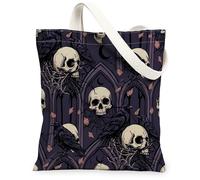 Skull Canvas Tote Bag for Women, Gothic Dark Raven Spiderweb Halloween Black Washable Reusable Small Tote Bags Ideas for Sh, Black, 13x15 Inch