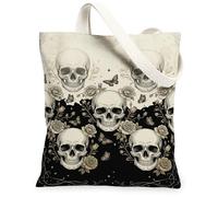 Skull Canvas Tote Bag for Women, Gothic Vintage Rose Butterfly Halloween Black Washable Reusable Market Tote Bag for Shoppi, Black, 13x15 Inch