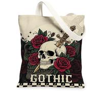 Skull Canvas Tote Bag for Women, Gothic Vintage Roses Sword Halloween Red Washable Reusable Aesthetic Tote Bags Ideas for O, Red, 13x15 Inch
