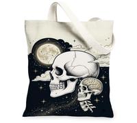 Skull Canvas Tote Bag, Gothic Artistic Brain Moon Halloween Black Aesthetic Tote Bag 13x15 Inch, Black, 13x15 Inch
