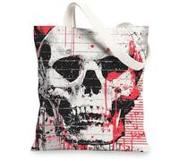 Skull Canvas Tote Bags, Artistic Skull Design Reusable Grocery Bags, Urban Grunge Lightweight Washable Shoulder Strap, Red, 13x15 Inch