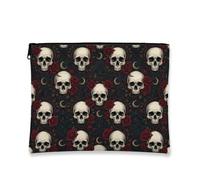 Skull Canvas with Zipper, Gothic Dark Rose Crescent Moon Halloween Black Canvas with Zipper Small Makeup Pouch for Travel, Vanity, Bathroom Storage and Purse Organizer, Black, 7x9 Inch, Gothic