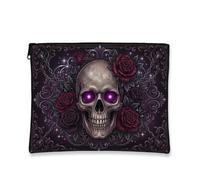 Skull Canvas with Zipper, Gothic Dark Rose Ornate Pattern Halloween Black Canvas with Zipper Toiletry Travel Bag for Travel, Purse, Bathroom, Vanity and Daily Storage, Black, 7x9 Inch, Gothic