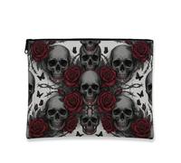 Skull Canvas with Zipper, Gothic Edgy Rose Butterfly Halloween Red Canvas with Zipper Small Skincare Bag for Travel, Vanity, Bathroom, Purse Storage and Daily Use, Red, 7x9 Inch, Gothic