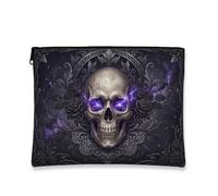 Skull Canvas with Zipper, Gothic Edgy Roses Cosmic Background Halloween Black Canvas with Zipper Cosmetic Bag for Purse for Travel, Bathroom, Vanity Organizer and Purse Storage, Black, 7x9 Inch