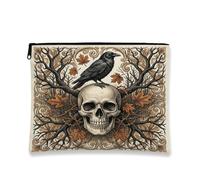 Skull Canvas with Zipper, Gothic Vintage Raven Branches Fall Black Canvas with Zipper Makeup Bags for Women for Travel, Vanity, Bathroom, Purse Storage and Daily Use, Black, 7x9 Inch, Gothic