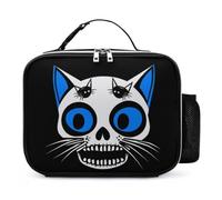 Skull Cat Leather Lunch Bag Insulated Lunchbox Meal Tote Handbags with Detachable Buckled Handle