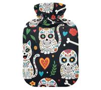 Skull Cats Bones Hot Water Bottles with Soft Velvet Cover Hot Water Bag for Neck and Shoulder Pain Relief Medium