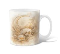Skull Ceramic Coffee Mug, Gothic Dark Crescent Floral Halloween Beige Novelty Tea Cup with Handle Gift for Friendship Family Colleague Teachers Sweetheart Staff 15 Oz