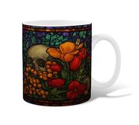 Skull Ceramic Coffee Mug, Gothic Tulips Poppy Fall Red Novelty Office Drinking Cup with Handle Gift for Friendship Family Colleague Staff Sweetheart Teachers 15 Oz