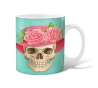Skull Ceramic Coffee Mug, Halloween Fanciful Roses Hat Halloween Turquoise Novelty Hot Chocolate Mug with Handle Gift for Friends Family Lovers Eldership Senior Co-Worker 15 Oz