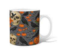 Skull Ceramic Coffee Mug, Halloween Gothic Pumpkin Raven Halloween Orange Novelty Hot Chocolate Mug with Handle Gift for Friendship Family Colleague Staff Sweetheart Teachers 15 Oz