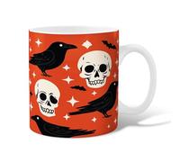 Skull Ceramic Coffee Mug, Halloween Gothic Raven Bat Halloween Orange Novelty Tea Mug with Handle Gift for Friends Family Lovers Eldership Senior Co-Worker 15 Oz