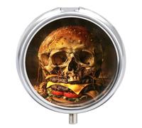 Skull Cheese Gourmet Pill Box 3 Compartment Travel Pill Organizer 3 Times A Day Cute Mini Pill Case for Purse & Pocket Portable Metal Medicine Box with Mirror Round Daily Medicine Vitamin Container