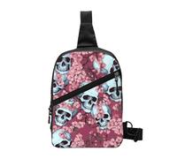 Skull Cherry Flower Foldable Sling Bag for Men Women Water Resistant Chest Bag Skeleton Floral Fanny Pack Crossbody Backpack for Travel Hiking Sports