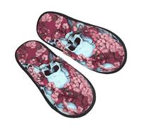 Skull Cherry Flower Slippers for Women Men Skeleton Floral Non-Slip House Slippers Indoor Comfy Fuzzy Footwear Memory Foam Bedroom Travel Shoes L
