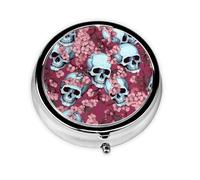 Skull Cherry Flower Small Pill Box 3 Compartment Portable Pill Box for Purse Pocket Skeleton Floral Mini Medicine Organiser for Daily Vitamin Fish Oil Storage