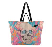 Skull Cloud Eyes Cyan pattern Reusable Canvas Tote Bag, Heavy Duty Grocery Shopping Bag with Hard Bottom Large Capacity Double Handles Work Groceries Travel