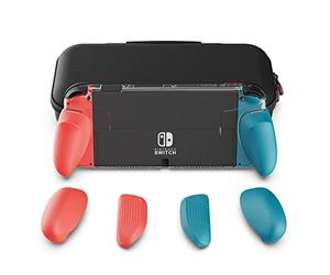 Skull & Co. GripCase OLED Bundle for Nintendo Switch OLED Model: A Dockable Transparent Protective Case with Interchangeable Grips [to fit All Hands Sizes] [with Carrying Case] - Neon Blue+Neon Red