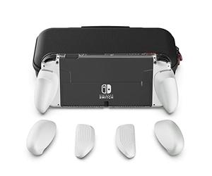 Skull & Co. GripCase OLED Bundle for Nintendo Switch OLED Model: A Dockable Transparent Protective Cover Case with Interchangeable Grips [to fit All Hands Sizes] [with Carrying Case] - OLED White