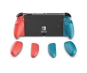 Skull & Co. GripCase OLED for Nintendo Switch OLED Model: A Dockable Transparent Protective Cover Case with Interchangeable Grips [to fit All Hands Sizes] [No Carrying Case] - Neon Blue(L)+Neon Red(R)