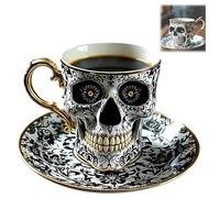 Skull Coffee Mug, Halloween 3D Spooky Tea Cup and Saucer Set, Skull Tea Mug Set with Gold Trim, Gothic Porcelain Halloween Decor Coffee Cup, Halloweens Gifts for Gothic Lovers and Collectors (#B)