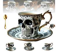 Skull Coffee Mug, Royal Skull Coffee Mug with Saucer Set, Gothic Porcelain Tea Cup, Novelty SkullCoffee Mugs, Funny Ceramic Tea Cup-Diabolical Bonehead Cups Horror Halloween Mugs Decor (C)