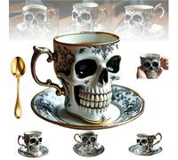 Skull Coffee Mug, Royal Skull Coffee Mug with Saucer Set, Gothic Porcelain Tea Cup, Novelty SkullCoffee Mugs, Funny Ceramic Tea Cup-Diabolical Bonehead Cups Horror Halloween Mugs Decor (B)